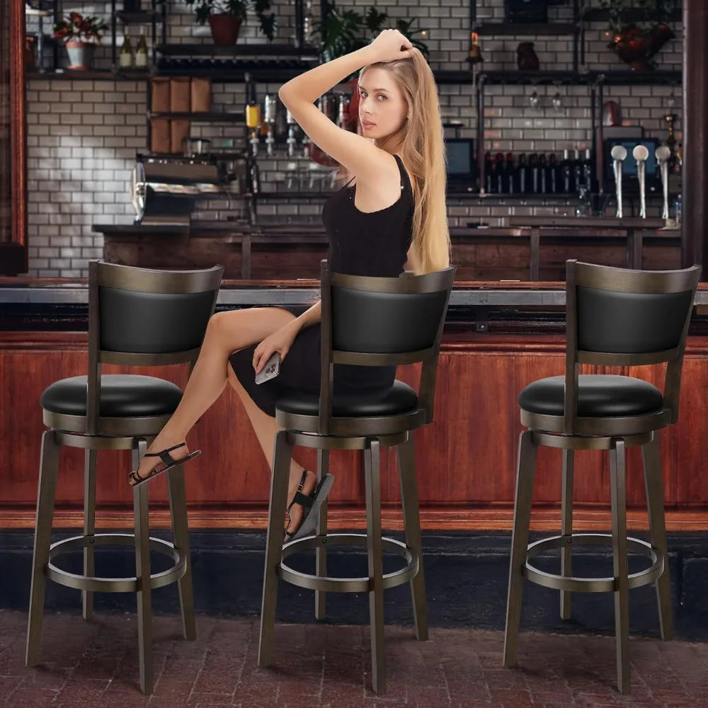 Swivel Bar Stools Set of 2, 34 Inch Extra Tall Bar Height Barstools, Black Faux Leather Bar Stool with High Backrest, Solid Woo