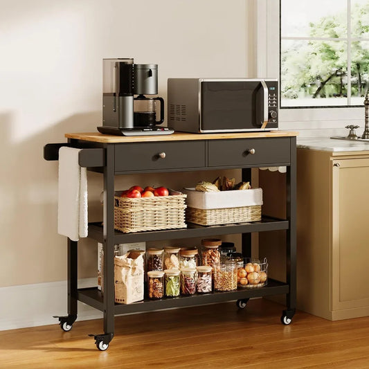 Kitchen Island Cart with Storage,40’’ Wooden Top,2 Tiers Spacious Shelves and Towel Bar, 2 Drawer Mobile Trolley Cart On Wheels