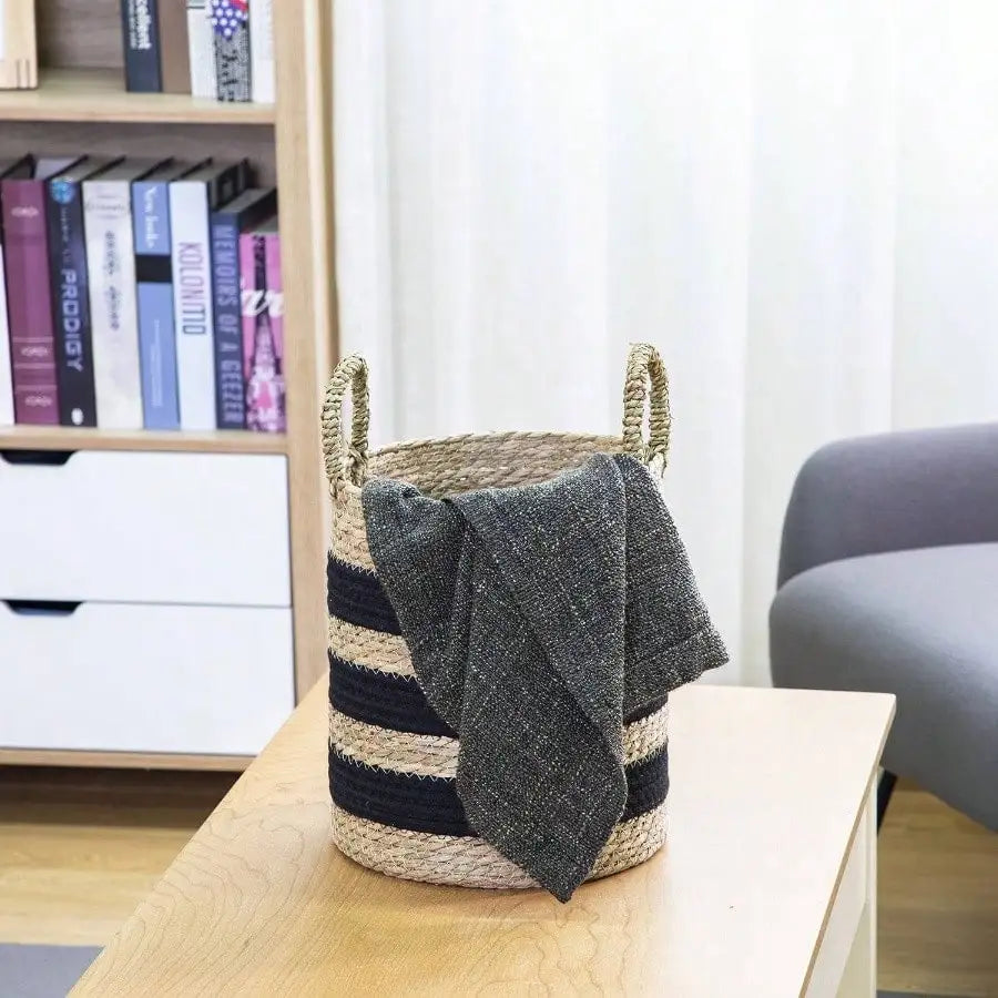 11 Black and Natural Striped Basket with Handles for Kitchen Storage Living Room Decor Rustic Style Handmade Woven Baskets