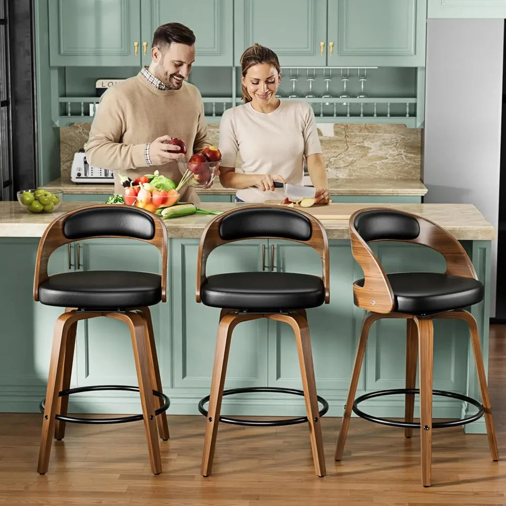 Bar Stools Set of 4, 26" Counter Height Bar Stools with Bentwood Legs, Mid Century Modern Faux Leather Upholstered Barstool
