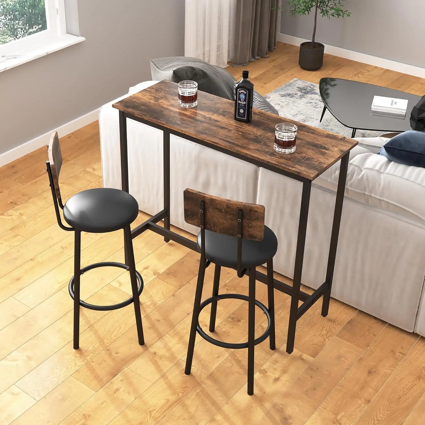 Bar Table and Chairs Set, Counter Height Dining Table & 2 PU Upholstered Stools with Backrest, Industrial 3 Piece Breakfast Bar