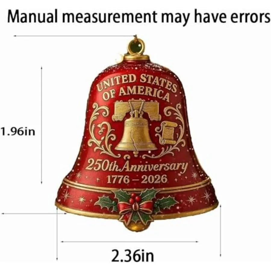 USA 250th Anniversary Bell Ornament 3D Red Gold Commemorative Hanging Decor with Enamel Crafted Detailing for Patriotic Holiday