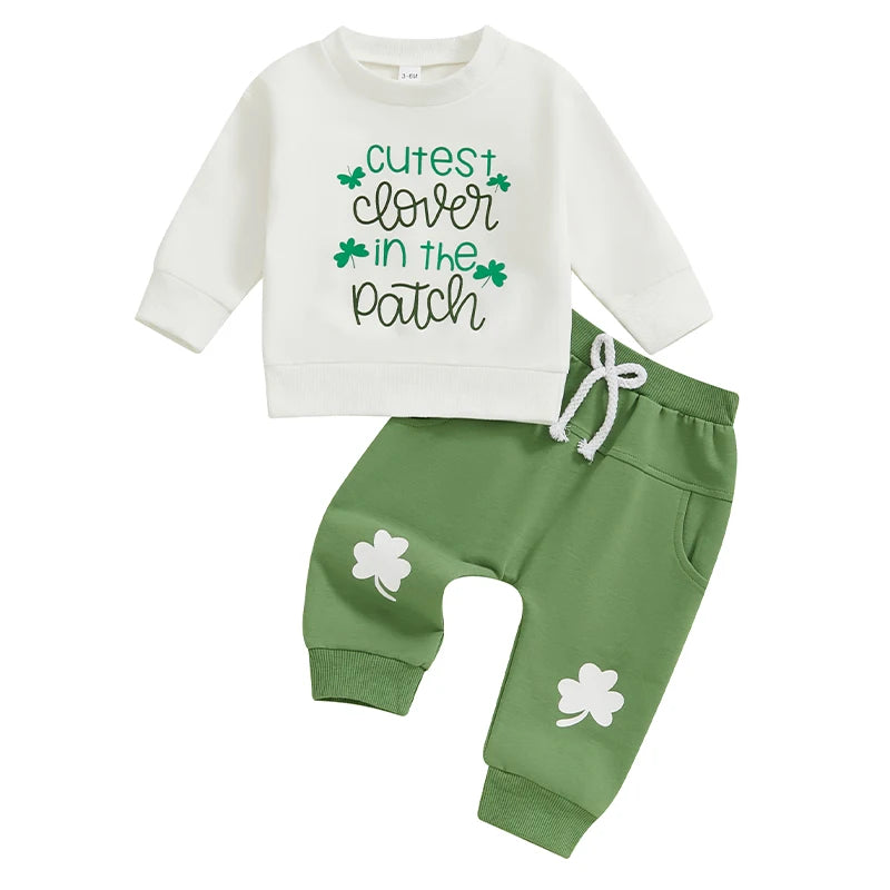 St Patrick s Day Baby Outfit Green Shamrock Print  and Pants Set for Newborn Infant Spring Clothes Collection
