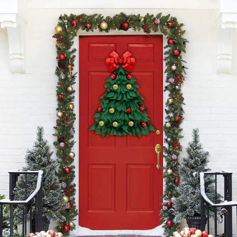 Green Hanging Christmas Wreath Front Door Window Large Xmas Tree Wreath Fabric Door Hanging Wreath New Year Party Decoration