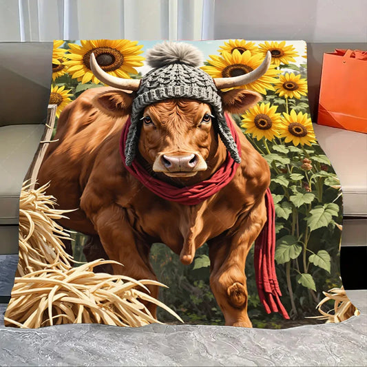 1pc Flannel Blanket Cozy Farmhouse Cow Blanket with Sunflowers and Scarf Design