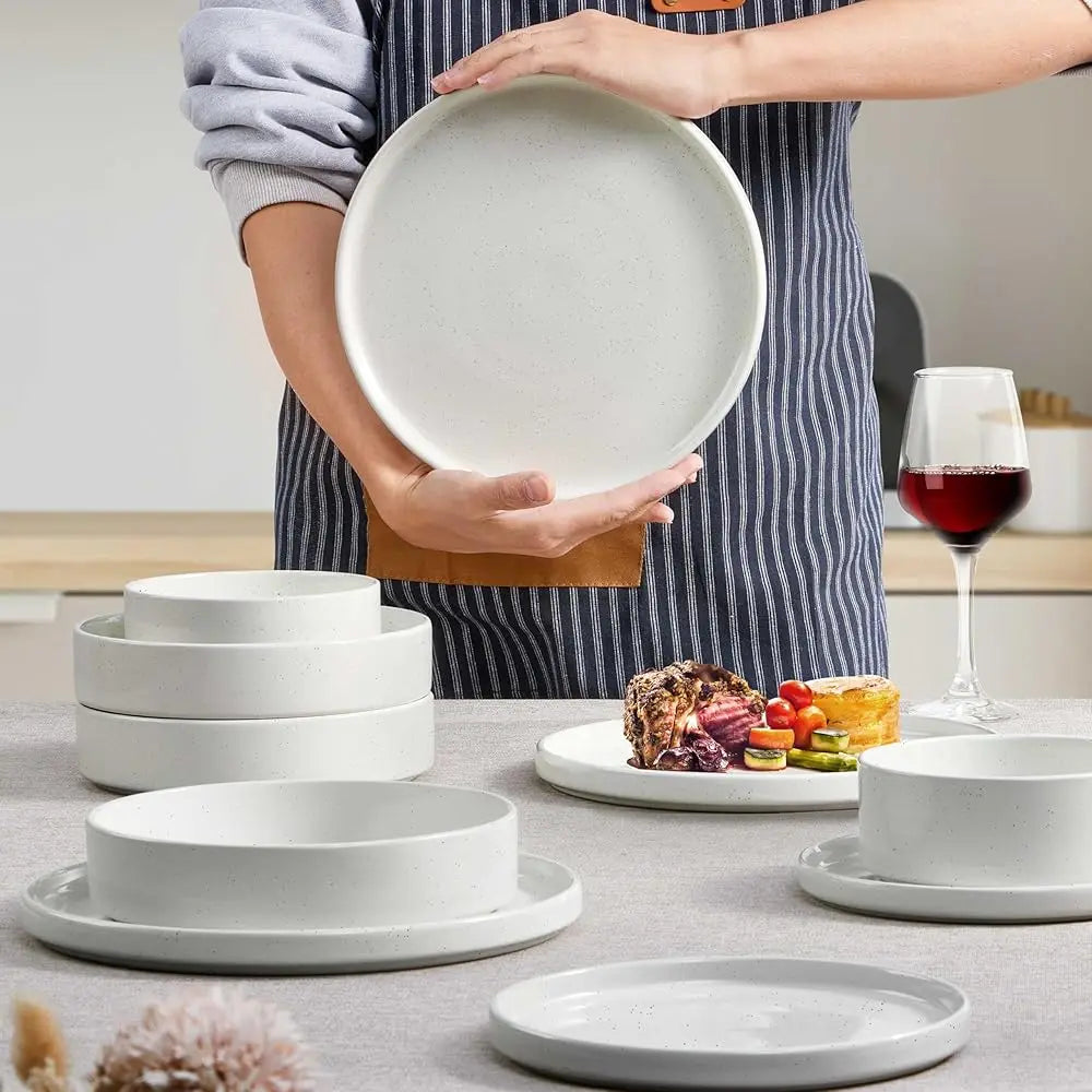 24 Piece Dinnerware Sets With Pasta Bowls For 6, Dinner Salad Plates And Cereal Serving Bowls, Stoneware Dishes Dinner Ware For