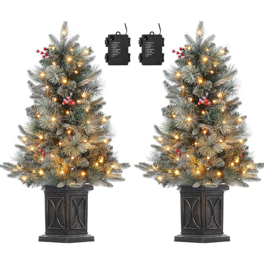 3 FT Pre-Lit Artificial Snow Flocked Christmas Tree with 78 LED White Lights 8 Lighting Modes Red Berries Brown Base