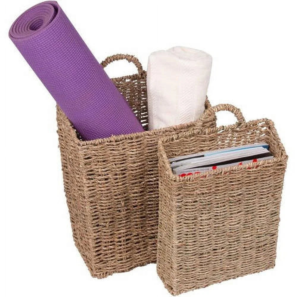 Set of 2 Wall Mounted Woven Seagrass Baskets Storage Organizing Magazines Newspapers Home Decor Small Spaces