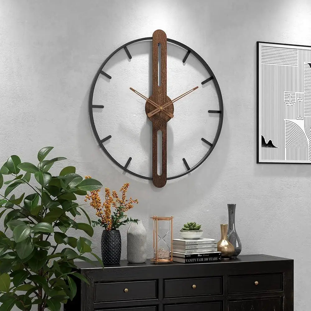 Modern Large Walnut Dial Wall Clock Silent Non Ticking Metal Frame Decorative Clock Living Room Bedroom Kitchen Study