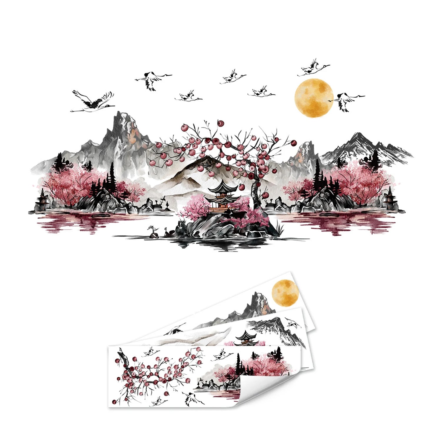 Traditional Chinese Ink Landscape Wall Decals Elegant PVC Mountain Water Painting Wall Stickers for Home Decor in Living Room