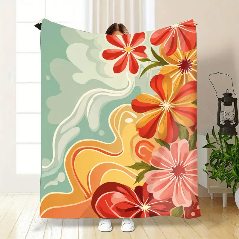 1pc Flannel Blanket Vibrant Floral Throw Blanket - Retro Style for Cozy Living Room Decor