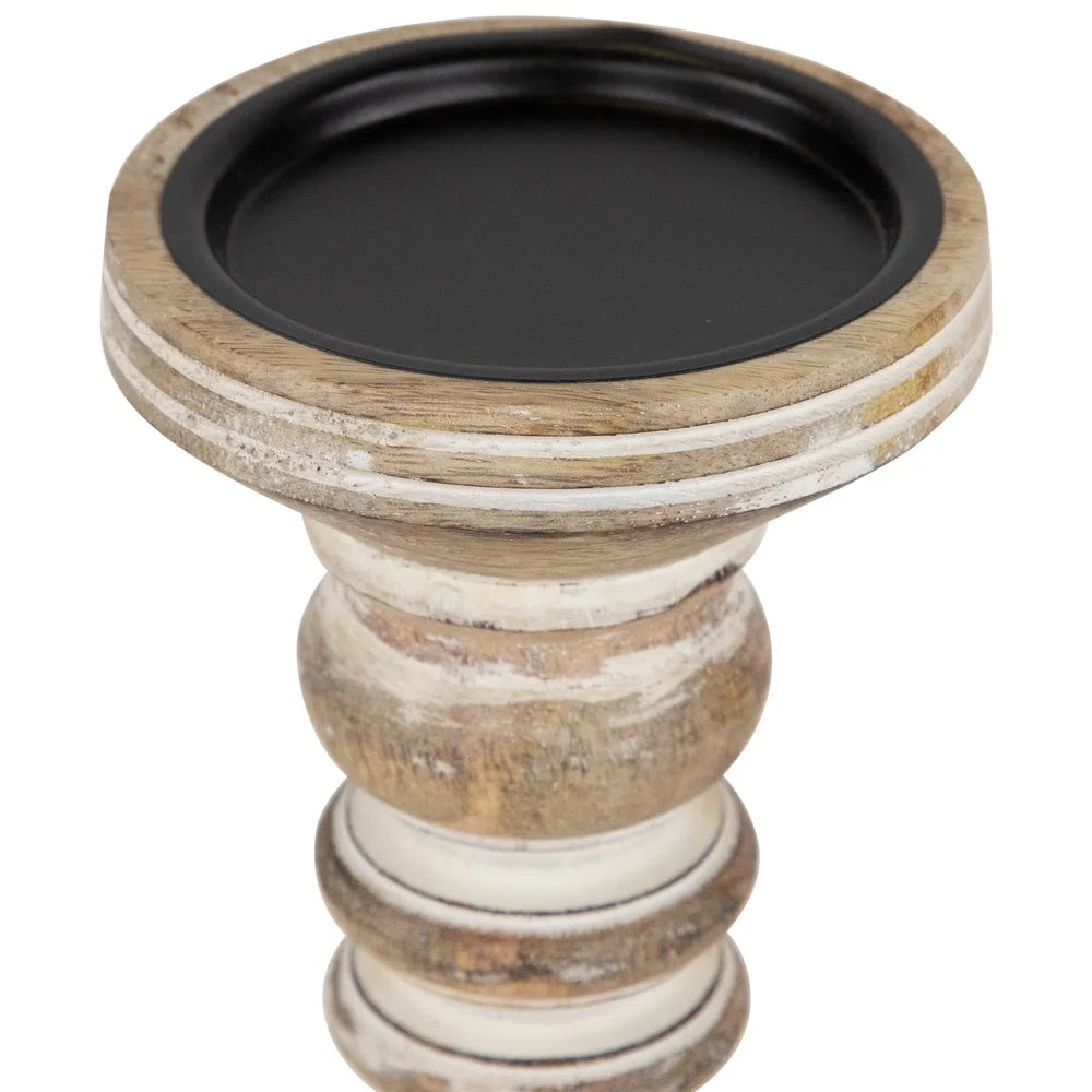 Set of 2 Antique Etched Pillar Candle Holders Black Metal Saucer Indoor Decor Elegant Home Accent Wide Base 12 Inch Tall