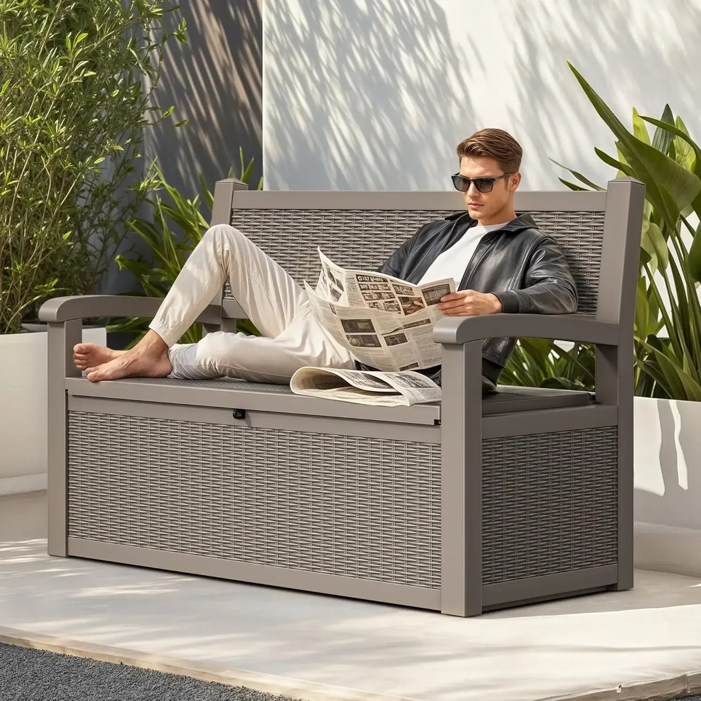 (XMSJ)70 Gallon Storage Bench Deck Box, Lockable Patio Bench, Waterproof Outdoor Pool   for  Cushions, Garden To