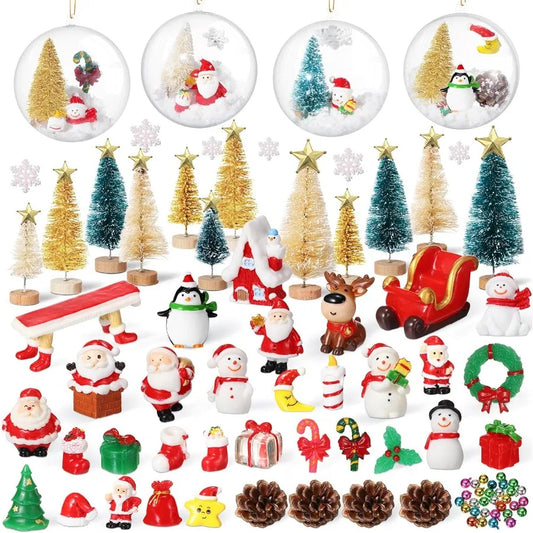 96 Pcs Miniature Ornaments for Snow Globe Kit DIY Christmas Village Decoration with Snowman Reindeer Santa Claus Snowflake Figu