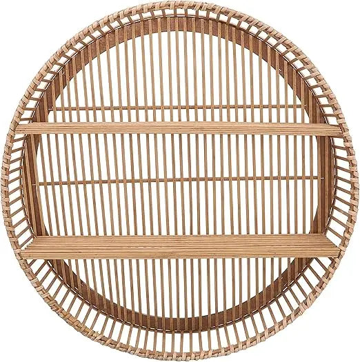 Bamboo Wall Shelf - Boho Decorative Round Floating Shelves - Rustic Hanging Storage Organizer for Home, Office, Bedroom, Living