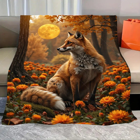 1pc Flannel Blanket Autumn Fox in Floral Forest Blanket - Cozy Fall Scene Throw