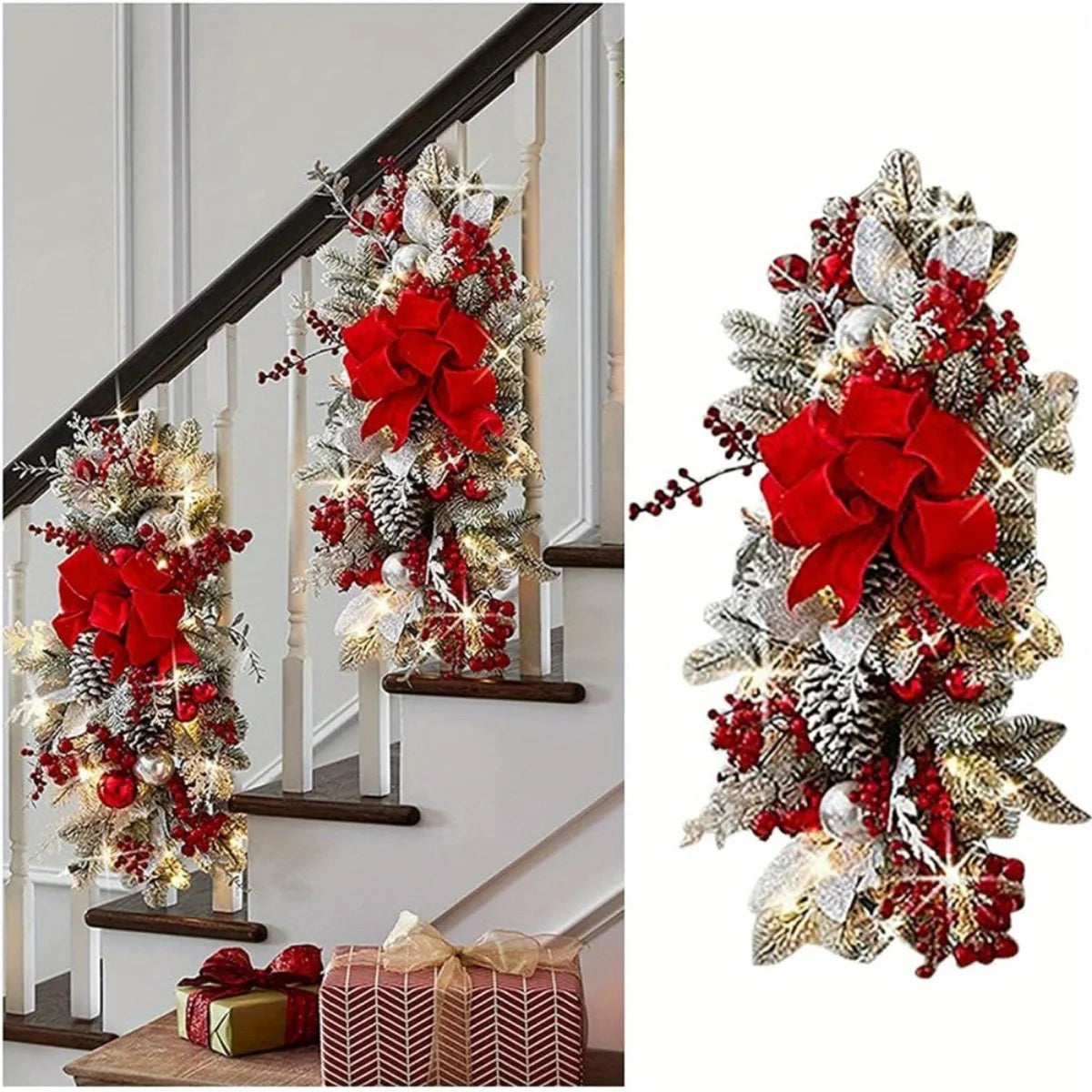 3Pcs Artificial Christmas Teardrop Swags Christmas Wreath with Christmas Balls&Bow Large Garland Swag Ornament for Door Stairs
