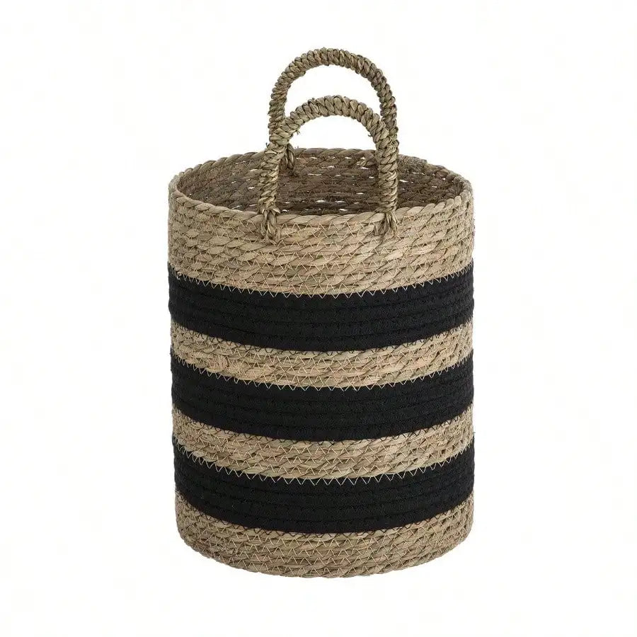 11 Black and Natural Striped Basket with Handles for Kitchen Storage Living Room Decor Rustic Style Handmade Woven Baskets