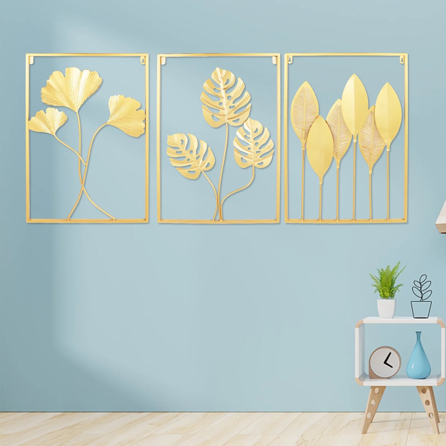 3 Pack Gold Metal Wall Art for Living Room, Large Leaf Frame Accent Leaves Wall Decor Home