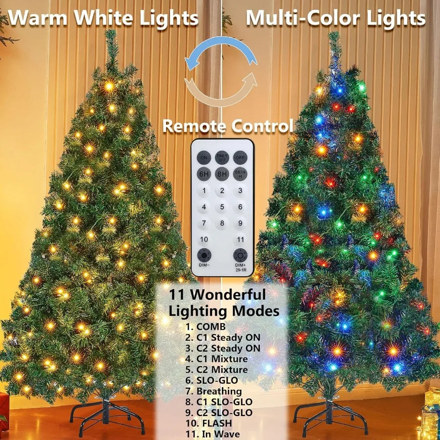 6FT Artificial Christmas Tree with Remote Control 300 LEDs Warm White and Multicolored String Lights for Indoor Outdoor Winter