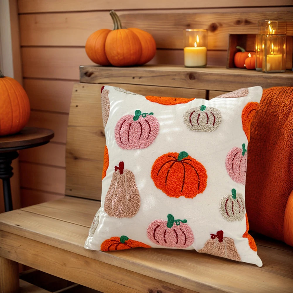 Embroidered Halloween Pillowcase 45x45cm Orange Pumpkin Throw Cushion Covers Pumpkin Fall Throw Pillow Covers for Couch Sofa Bed