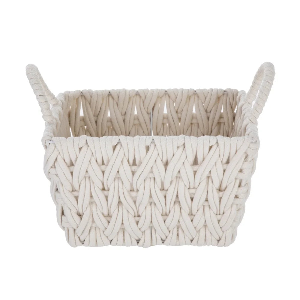 Medium White Woven Rope Decorative Storage Basket Handwoven Storage Organizer Loop Handles Bohemian Home Decor Basketweave