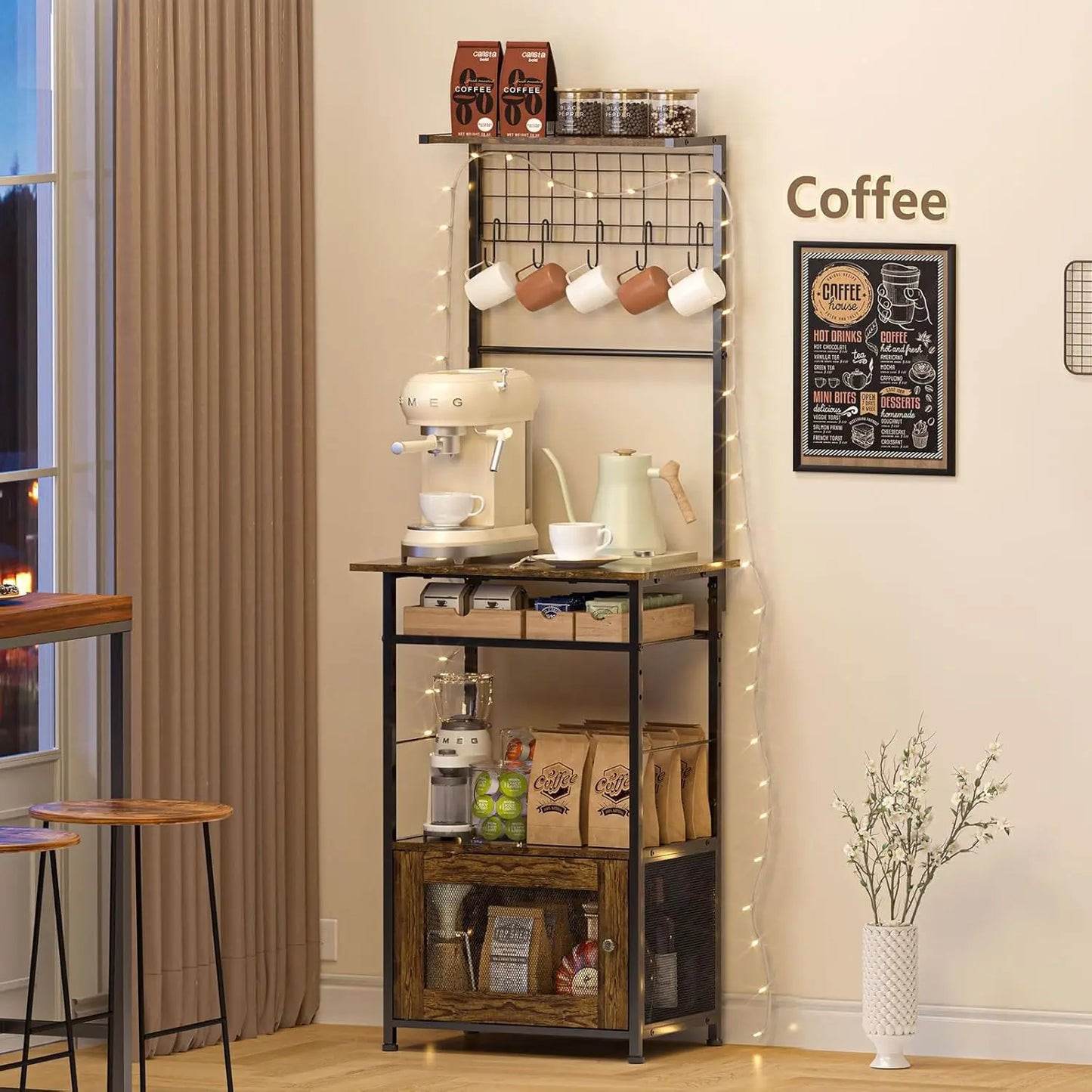 5 Tier Bakers Rack with Visual Cabinet, Coffee Bar Cabinet with 5 Hooks, 57.87”H Tall Microwave Stand for for Small Space