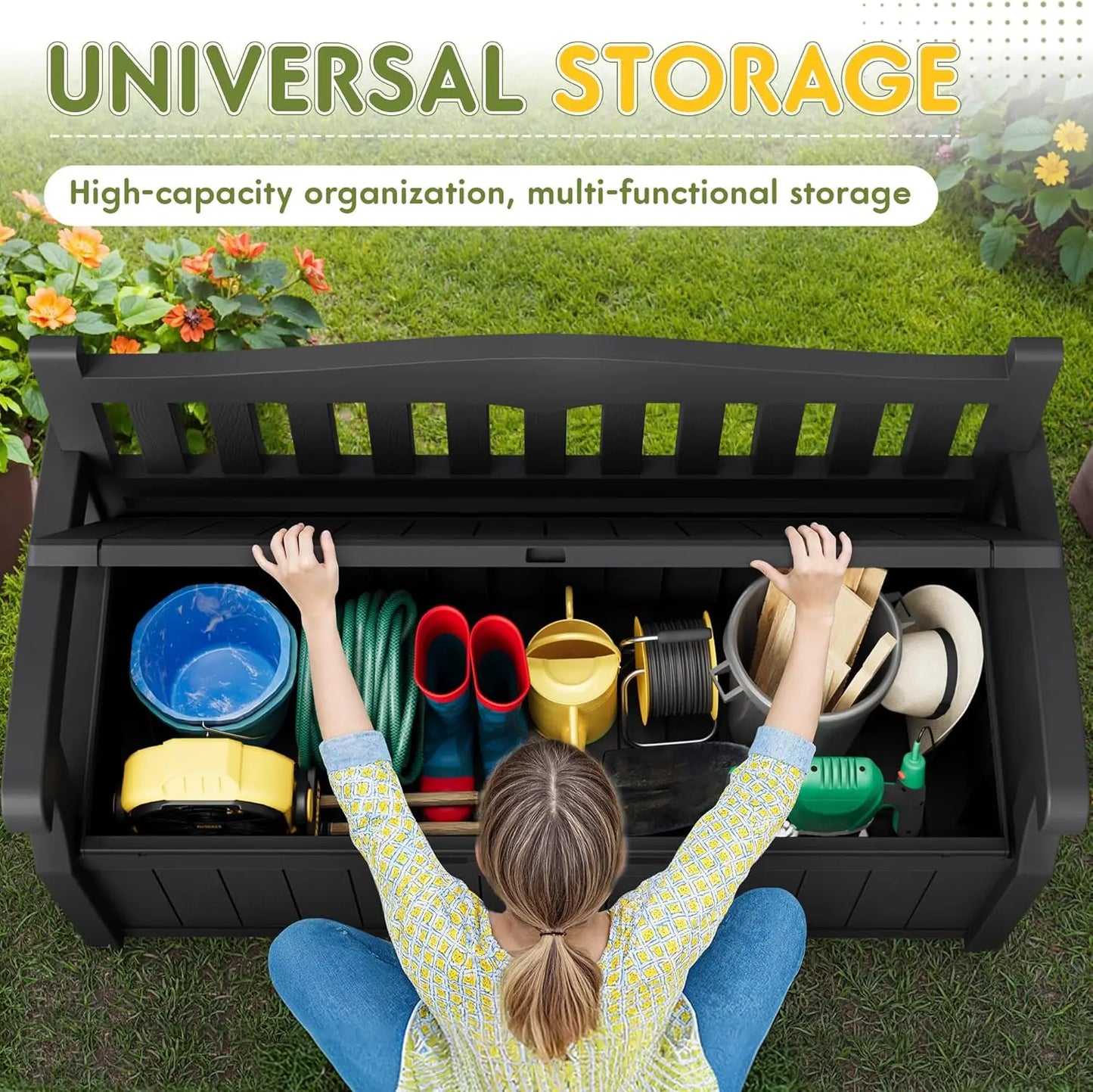 80 Gallon Storage Bench Outdoor Deck Box with Armrest, Patio Furniture,Lockable, Waterproof and UV Resistant