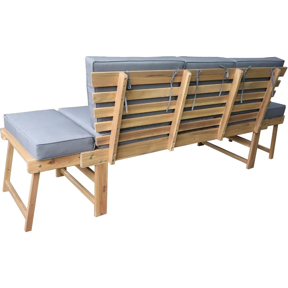 Outdoor Acacia Wood Patio 3 Seat Lounge with Fold Down Center Table - Weather Resistant Ourdoor Furniture with Wooden Frame Stru