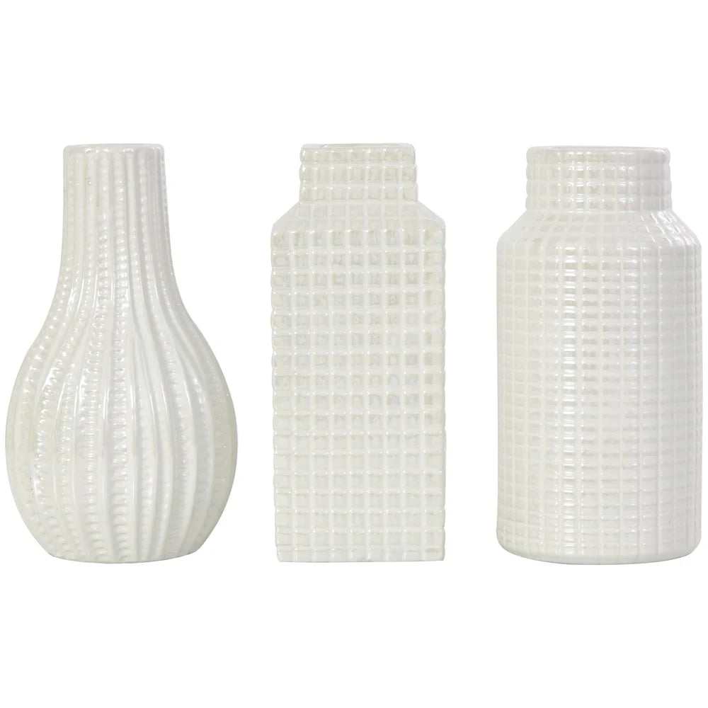 Geometric Textured Cream Ceramic Vase Set Modern Decorative Home Accent Indoor Use Unique Shapes Grid Patterns 3 Pack