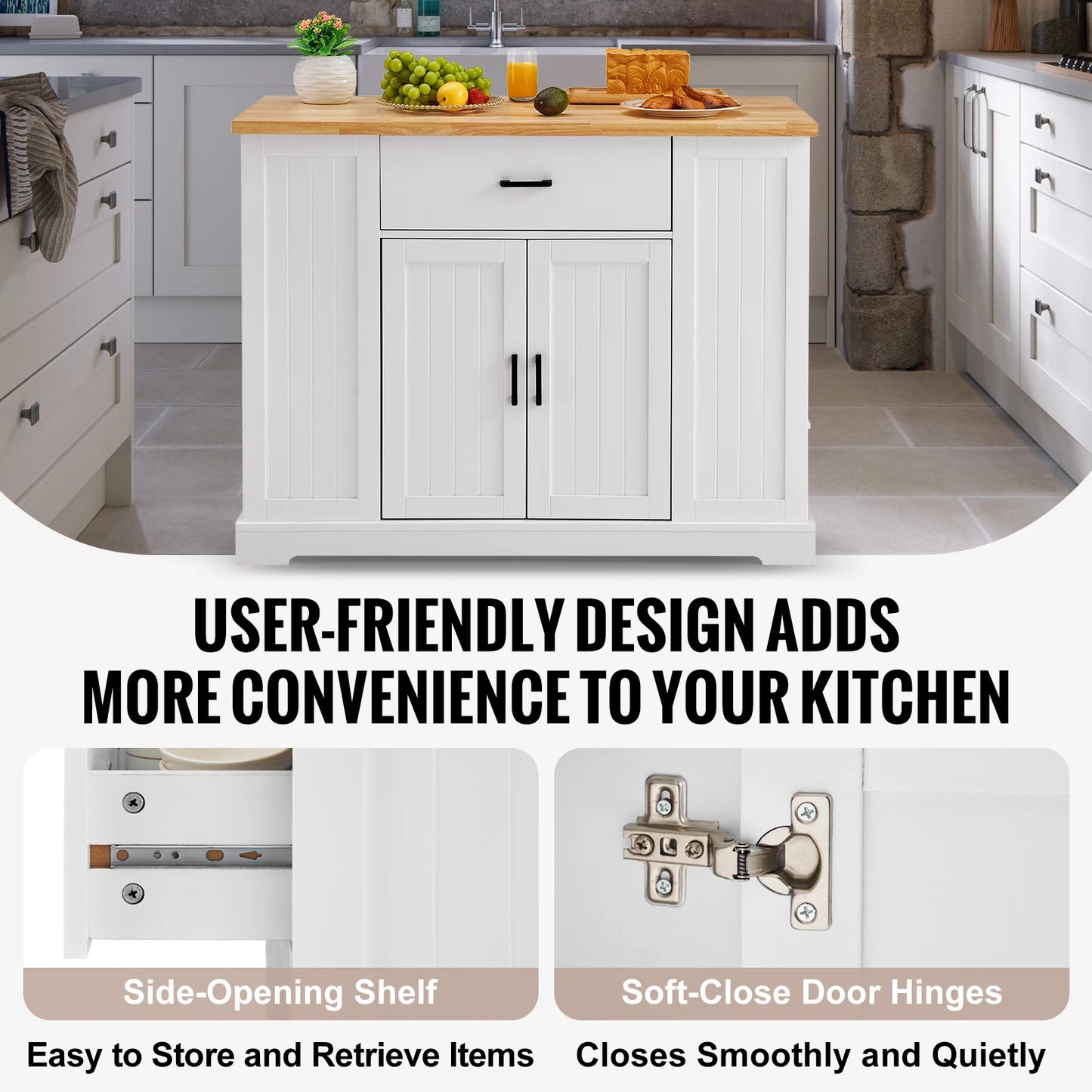 SucceBuy Kitchen Island Cart 46" Wood Top Breakfast Bar with Storage Cabinet Farmhouse Kitchen Table with Shelf Drawer