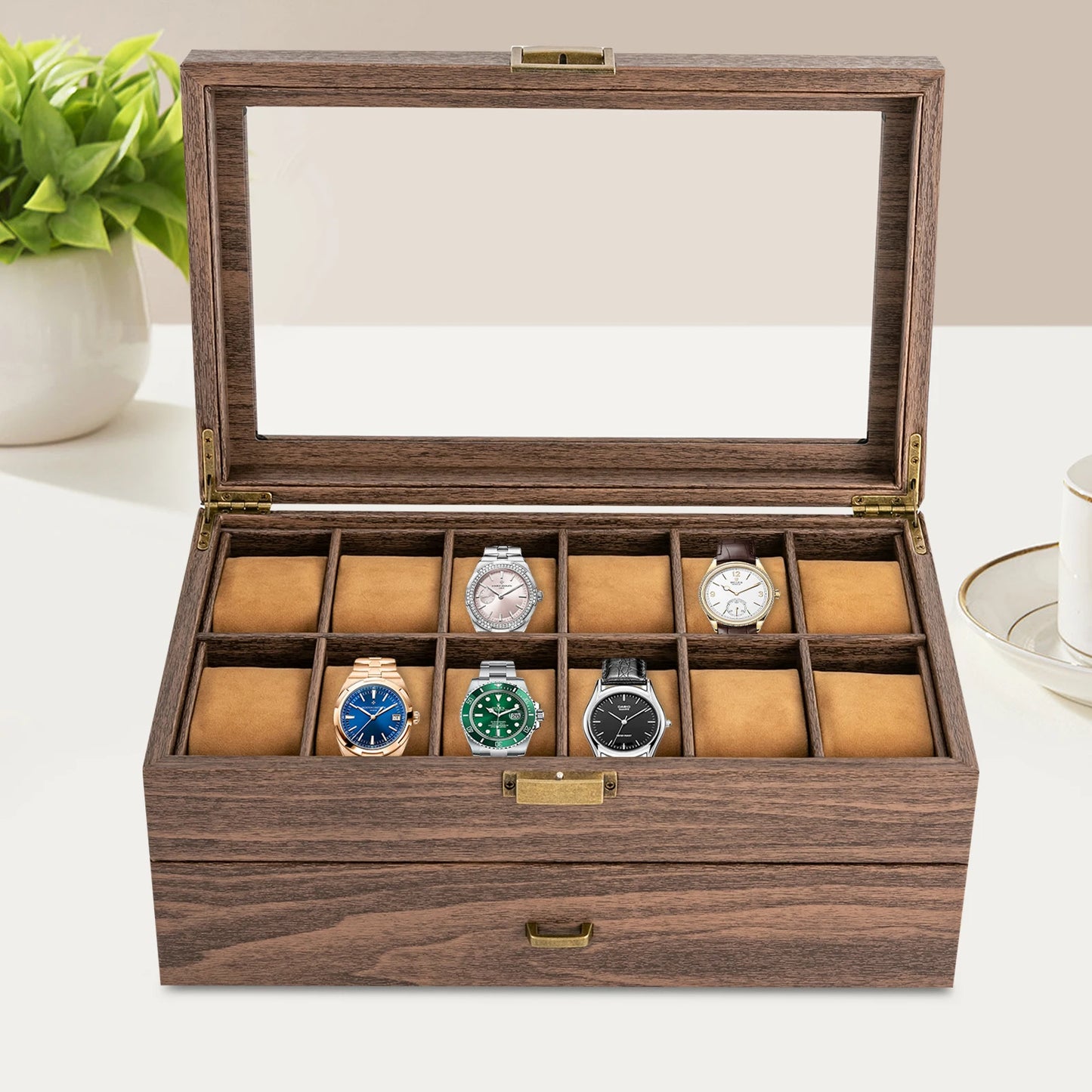 24 Slot Watch Box Tabletop Brown Watch Holder Organizer Lockable Jewelry Display Box Storage