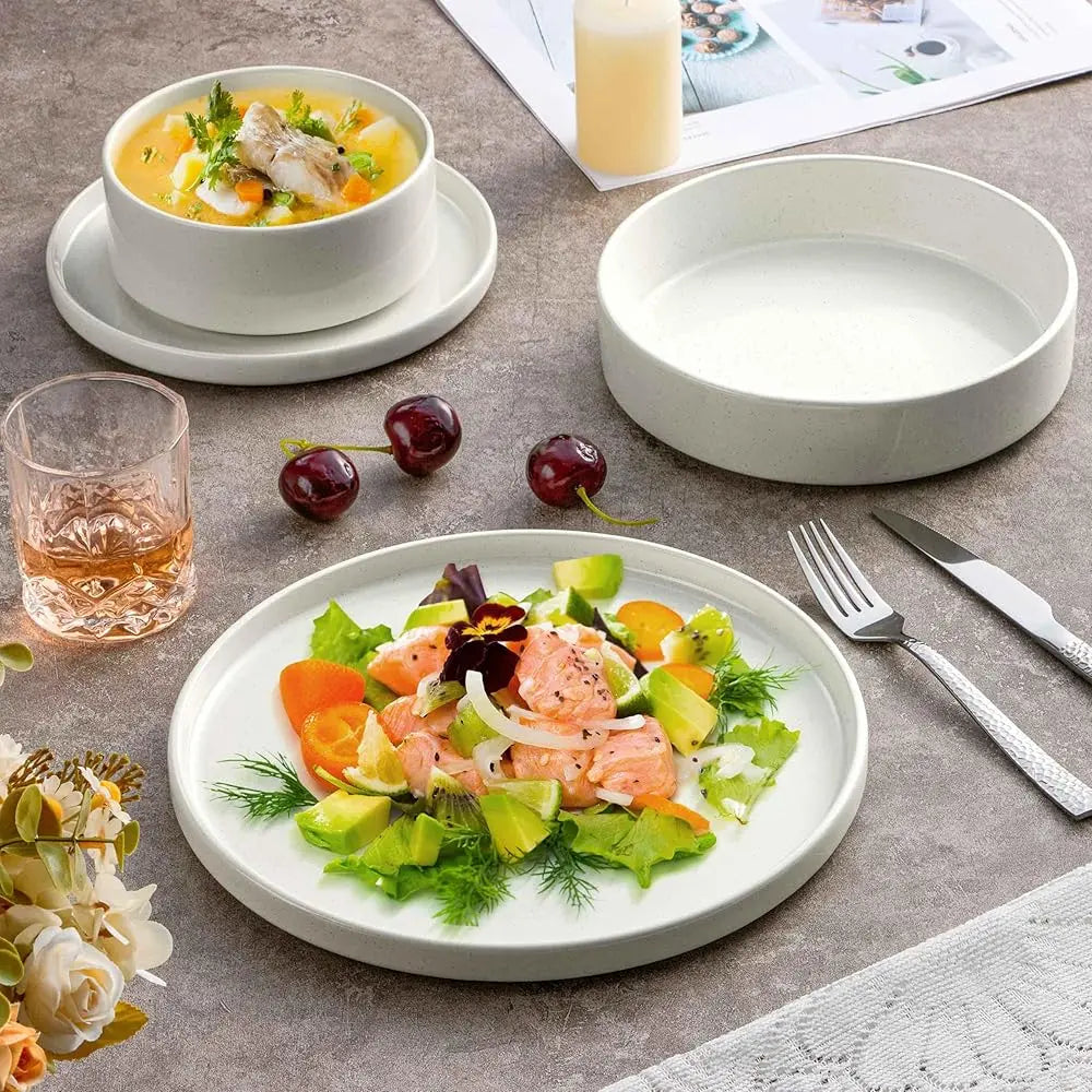 24 Piece Dinnerware Sets With Pasta Bowls For 6, Dinner Salad Plates And Cereal Serving Bowls, Stoneware Dishes Dinner Ware For