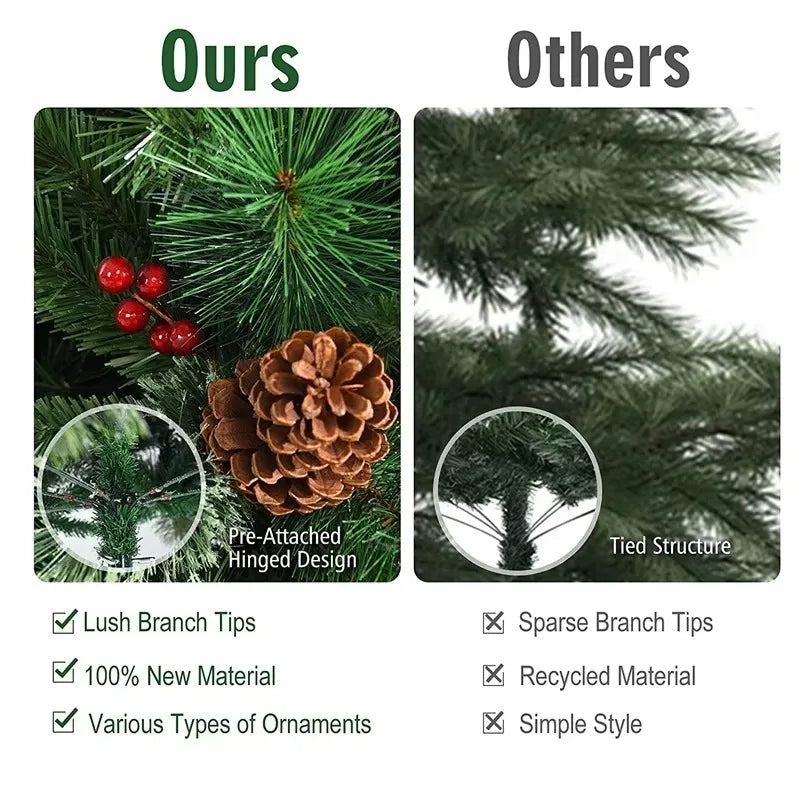 Christmas Tree 180cm/210cm Mixed Pine Needle PVC with Pine Cones & Red Berries, Full Shape, Iron Stand