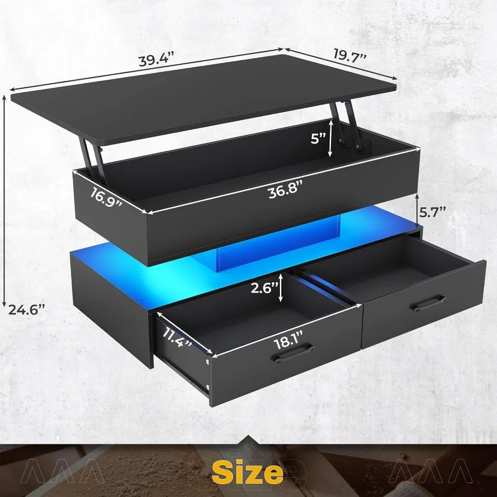 40" Lift Top Coffee Table, Coffee Tables with Storage for Living Room, Small Coffee Table with 2 Drawers & LED Light for Dining