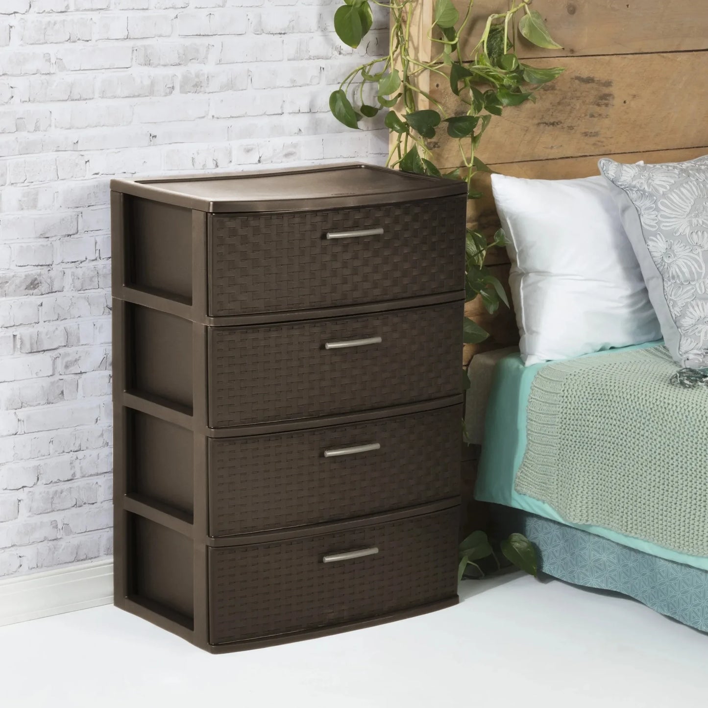 4-Drawer Wide Weave Tower, Brown Plastic Storage Organizer with Pull Handles, For Bedroom, Closet, Office, Home Décor