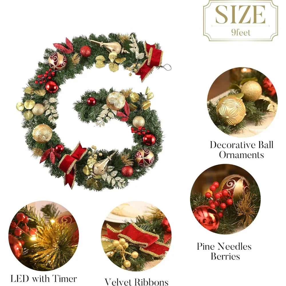 Illuminated Christmas Garland with Red and Gold Balls and Ribbons, 9 Feet Long for Mantle and Outdoor Holiday Decorations