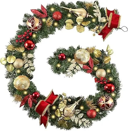 Illuminated Christmas Garland with Red and Gold Balls and Ribbons, 9 Feet Long for Mantle and Outdoor Holiday Decorations