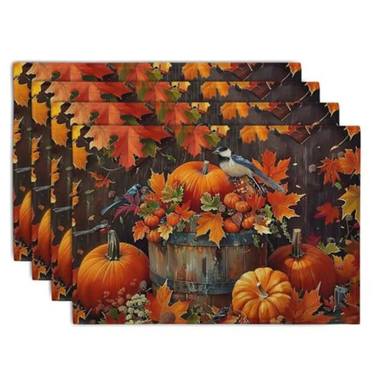 Pumpkin Maple Leaf Bird Fall Placemats Set of 4 Autumn Thanksgiving Seasol Holiday Harvest Linen Table Mats Orange Brown Washab