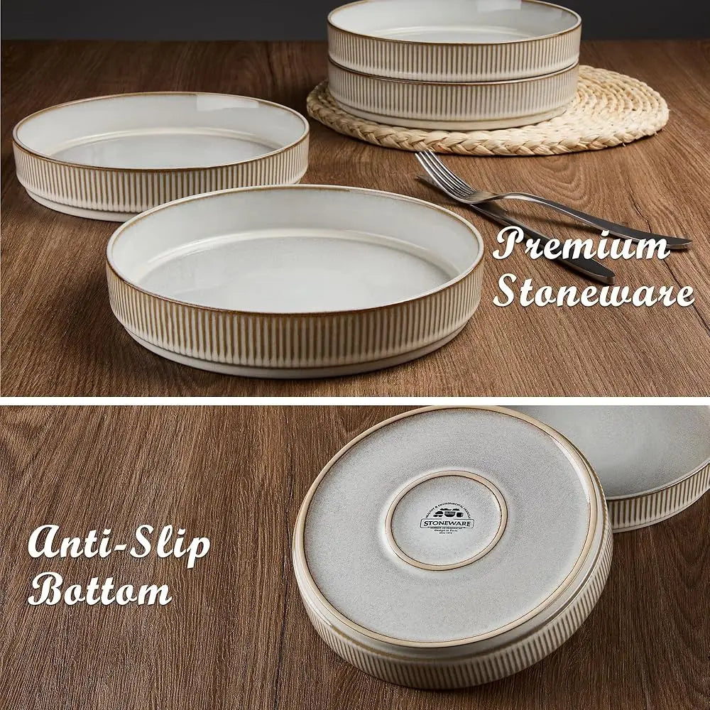 Pasta Bowls Set Of 4, 35Oz Large Salad Bowl Plate For Dinner Serving Soup, Wide & Shallow Ceramic Stoneware Pasta Plates,