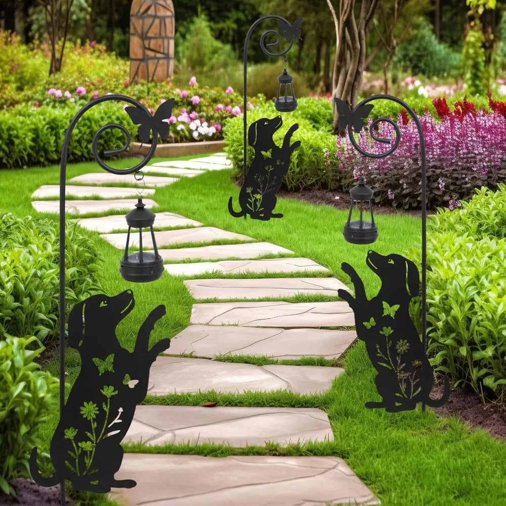 Solar Dog Lantern Garden Stakes - Outdoor Decorative Solar Lights for Yard, Patio, Pathway - Weatherproof Metal Dog Stake with A