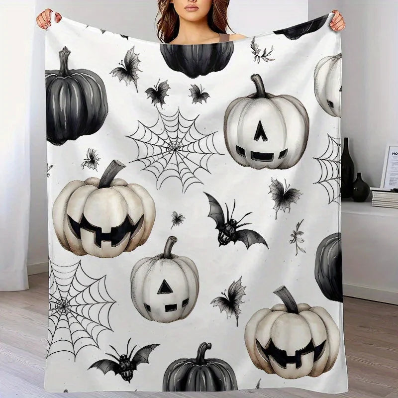 Halloween Flannel Fleece Throw Blanket - 100% Polyester Knitted Soft Sofa Throw with Pumpkin, Bat, and Spider Web Design