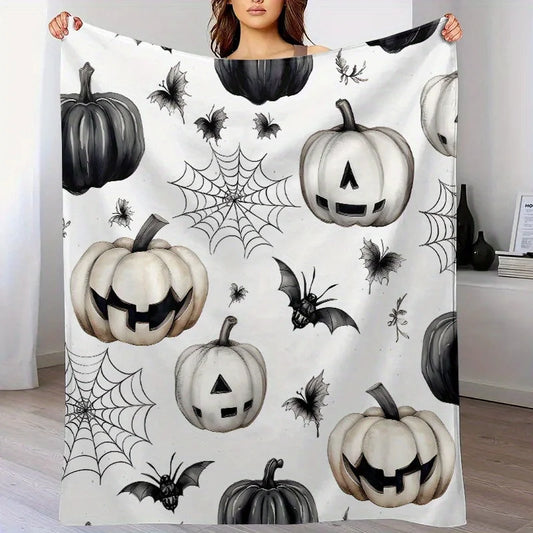 Halloween Flannel Fleece Throw Blanket - 100% Polyester Knitted Soft Sofa Throw with Pumpkin, Bat, and Spider Web Design