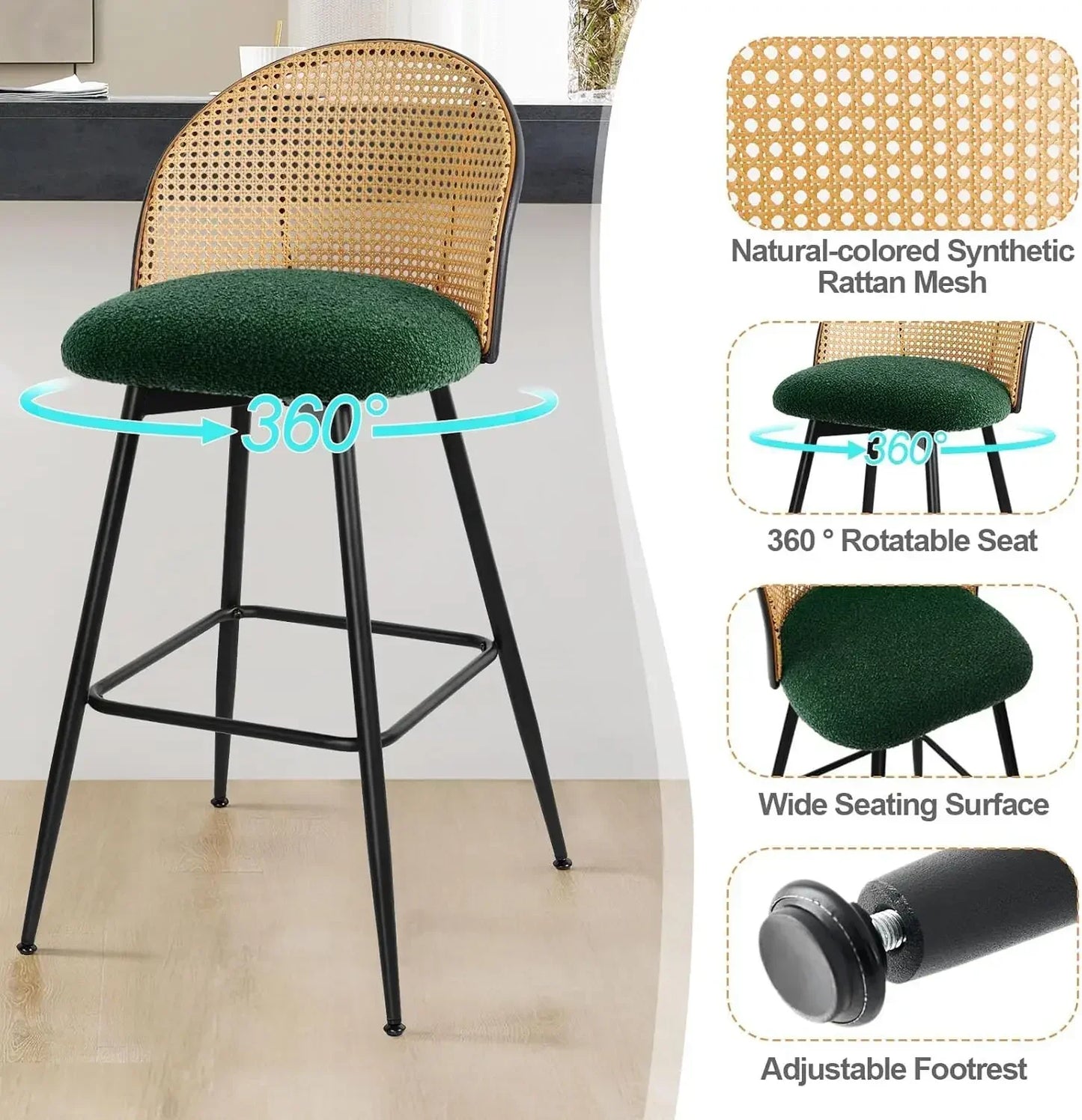 Swivel Bar Stools Set of 2, Mid Century Modern 29"  Chairs with Rattan Back and Metal Legs
