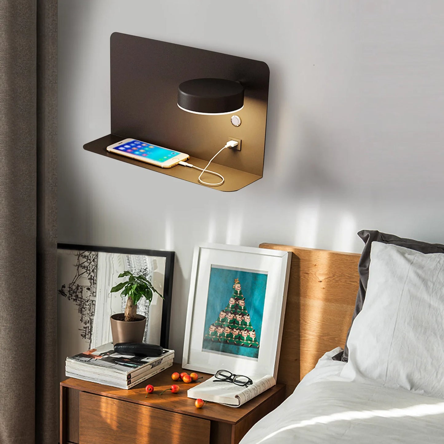 Rotatable LED Wall Lamp USB Jack Wall Light with Three Adjustable Colors for Living Room Bedroom Office