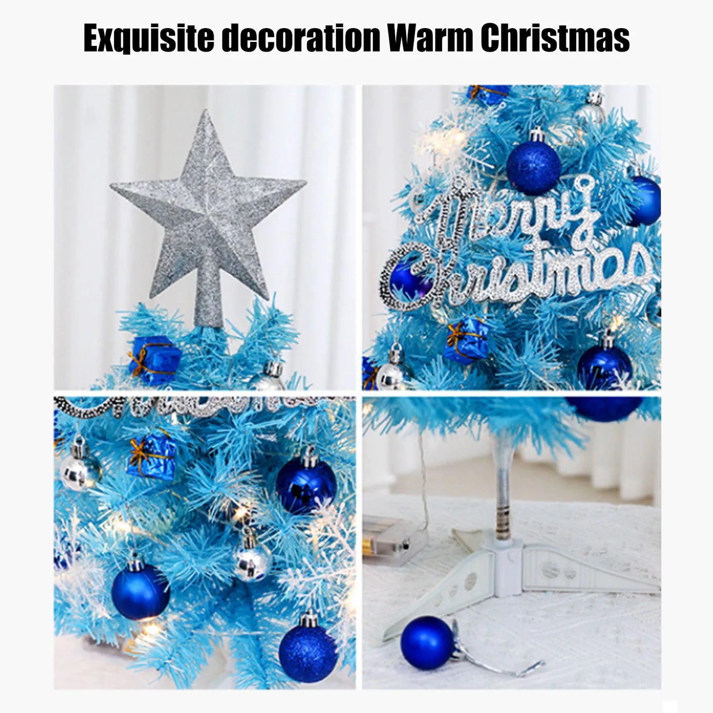 Blue Christmas Tree Set Festive Christmas Decor Mini Tree with Ornaments Lights Party Decor Collectible Home Decor Gift