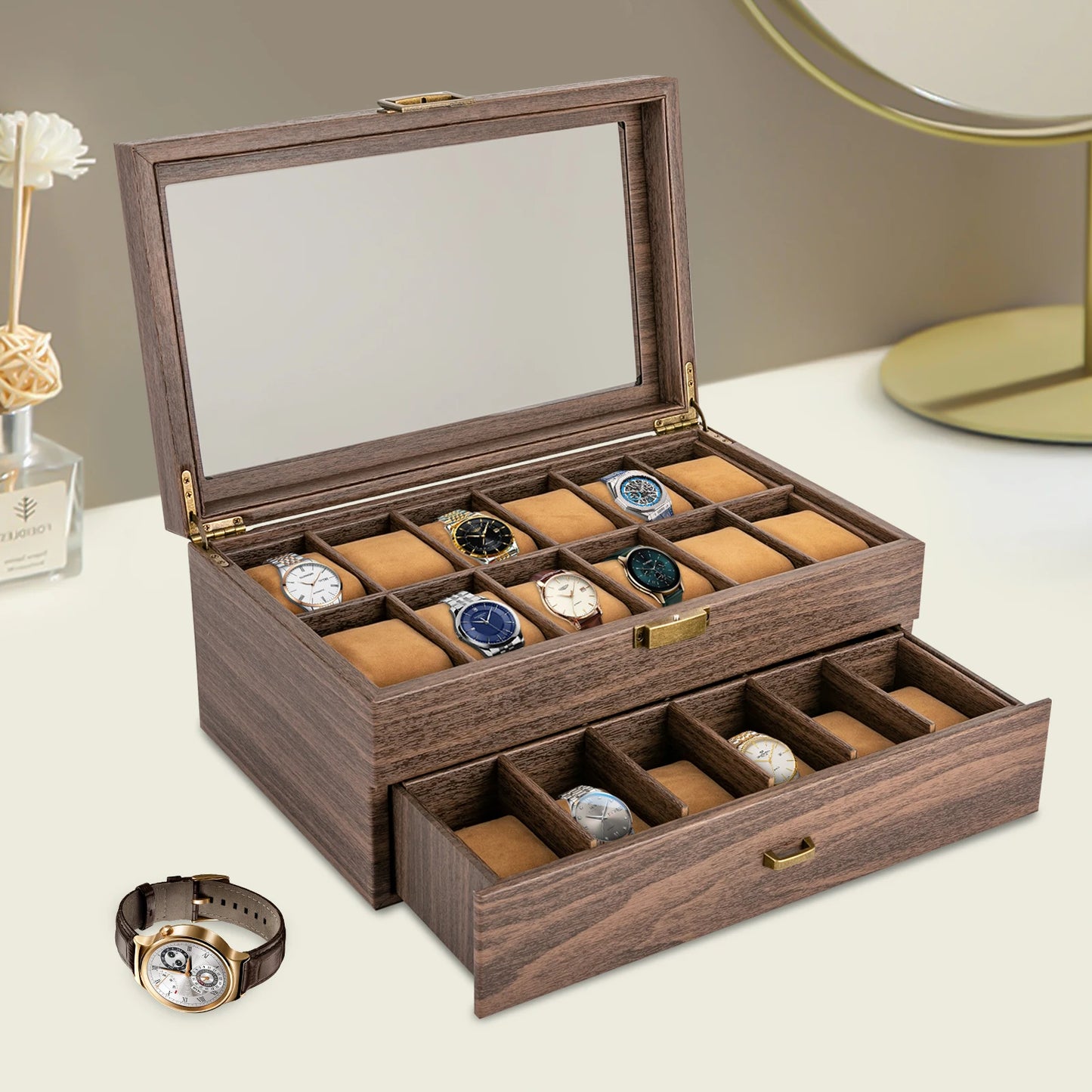 24 Slot Watch Box Tabletop Brown Watch Holder Organizer Lockable Jewelry Display Box Storage