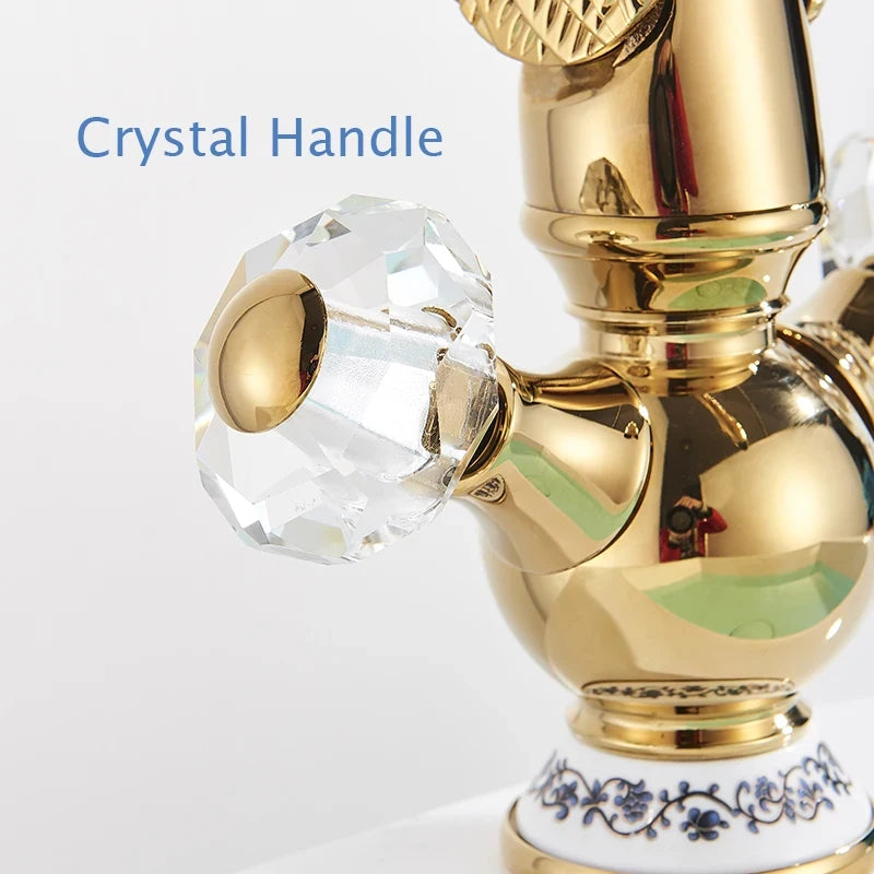 Wanmivezlo Luxury Europe Style Hot and Cold Water Basin Sink Faucet Deck Mounted Bathroom Faucet Gold Brass Crystal Handle