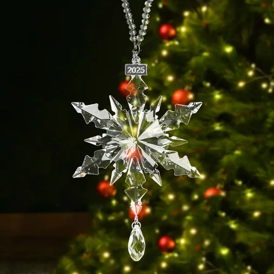 2025 Christmas Ornament Crystal Snowflake with Crystal Drop Pendant and 2025 Engraved Tag for Winter Christmas Tree Decoration