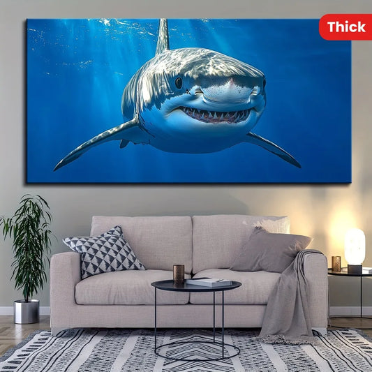 1.5 inch thick pine solid wood frame,Marine animal Great white shark poster,canvas printed wall art,modern home, aesthetic decor
